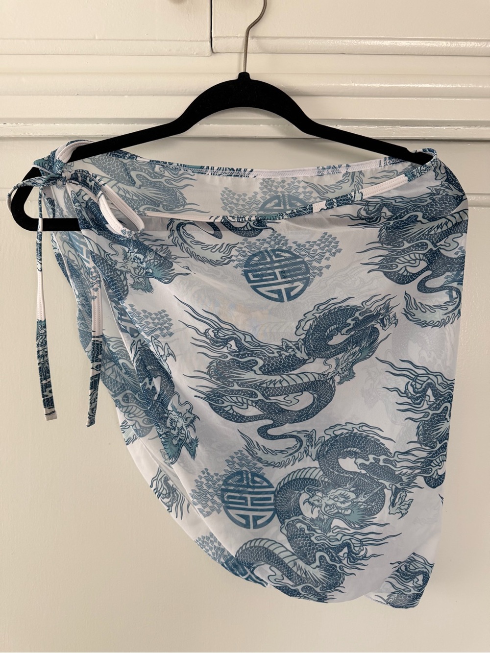 White & Teal Dragon Print Sheer Scarf Wrap